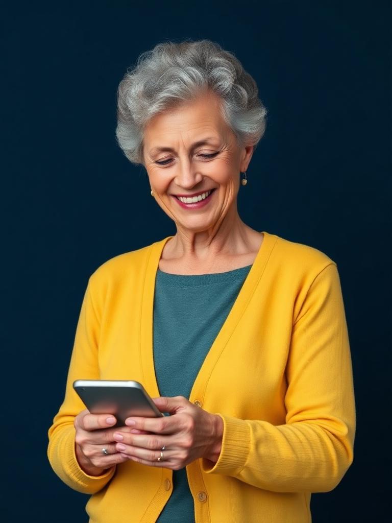 Senhora sorrindo ao usar o celular para acessar serviços previdenciários